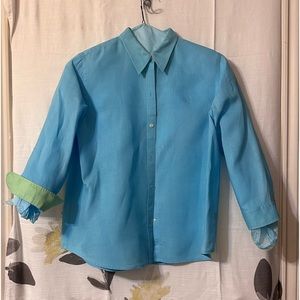 CHAPS Button Up Shirt- L Aqua Blue with Lime Green Trim on inside of cuffs
